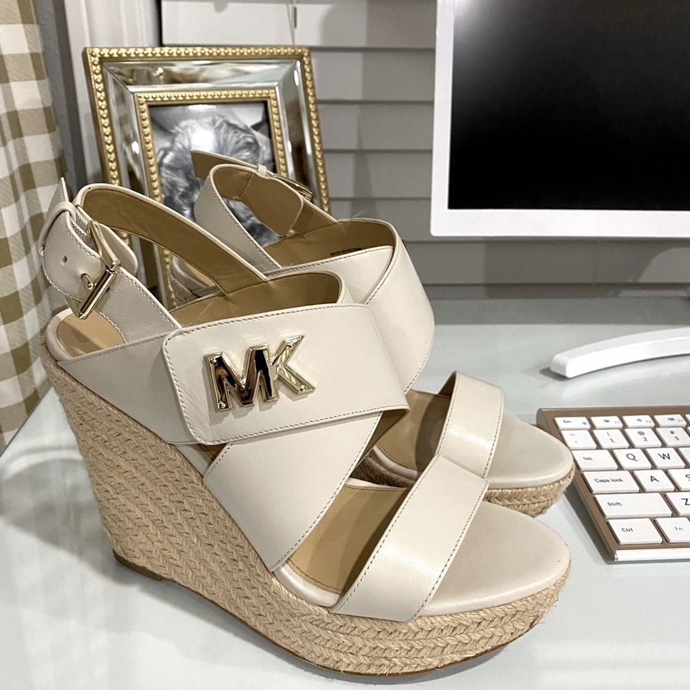 Michael Kors Cream Wedge Sandals with Gold MK Logo